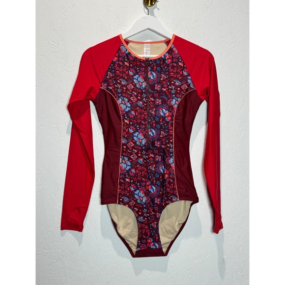 Coolibar Other - Coolibar Womens Floral Long Sleeve One Piece Swimsuit Rash Guard Red Burgundy S